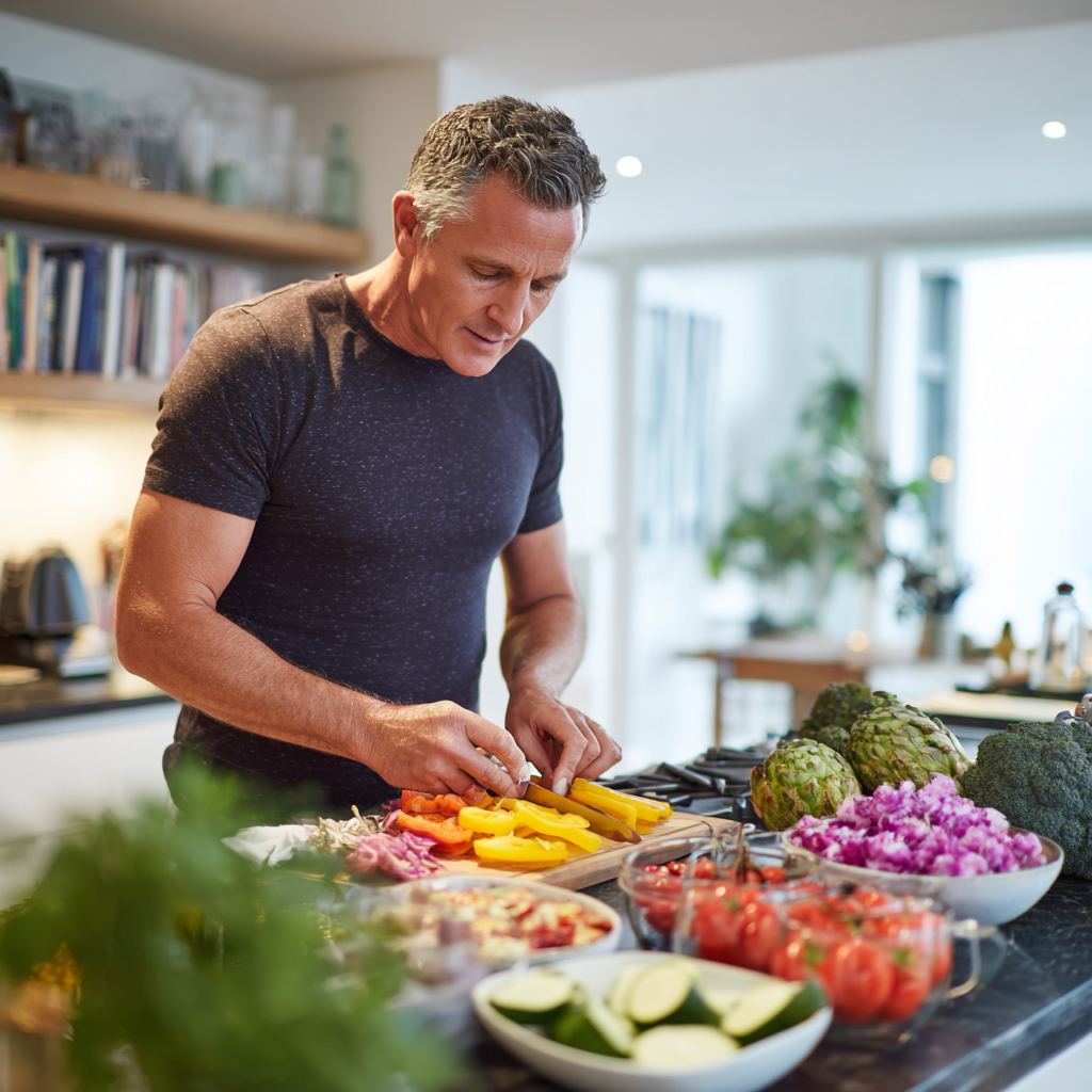 Mature man preparing nutritious meal with colorful vegetables in modern kitchen