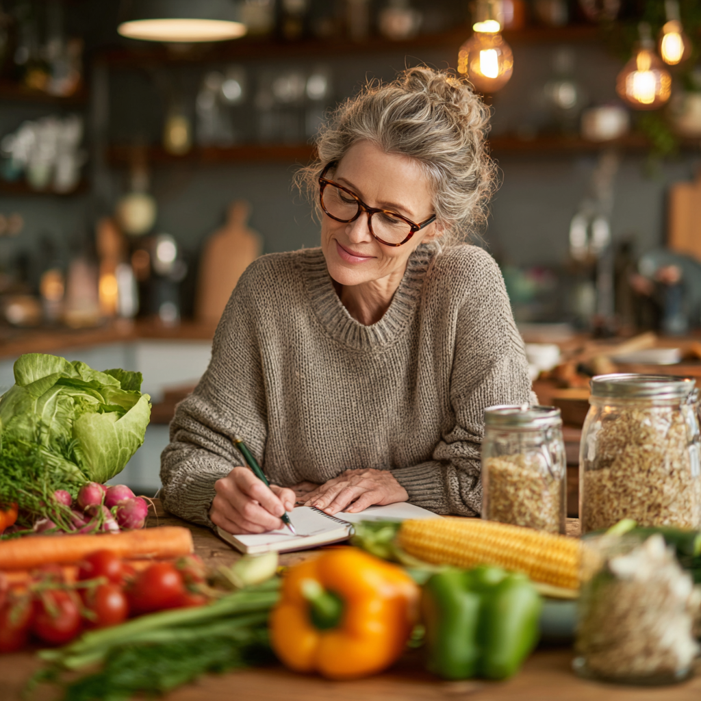 Middle-aged woman planning her weekly meals with fresh vegetables and grains on kitchen table